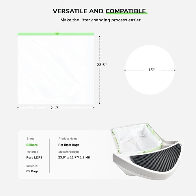 65 Count Litter Box Liner Bags for Auto Litter Box Robot 3 4, Drawstring Self Cleaning Litter Drawer Liners Replacement, Durable Cat Waste Bags, Unscented