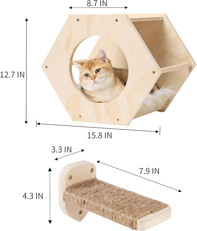 Cat Wall Shelves, Cat Shelves for Wall, Cat Wall Furniture, Cat Shelf with 3 Steps Scratcher Post, Cat Tree Hammock with Plush Wall Mounted, Climbing Shelf Wall Mount for Indoor Cats (Wood)