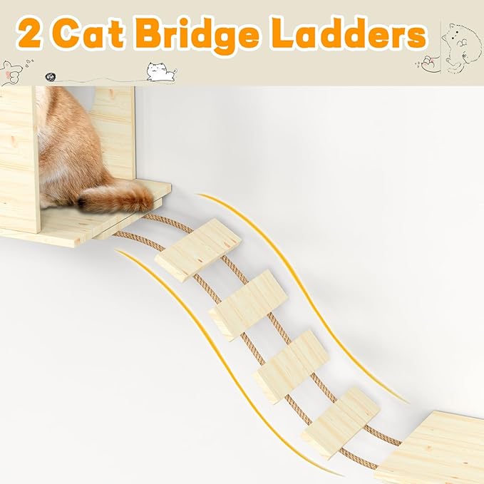 Cat Wall Shelves, Cat Wall Furniture, Cat Wall Mounted with 1 Cat House, 1 Cat Hammock, 2 Ladder, 4 Cat Perchs, 1 Cat Scratching Post for Cat Sleeping Playing Climbing