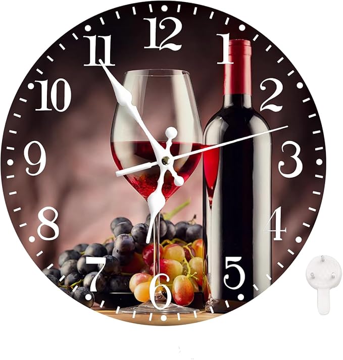Ansouyi Round Wall Clock Battery Operated Clocks Wallclock 12 Inch,Red Wine Grapes Silent Non Ticking Wall Clock for Living Room,Kitchen,Home,Bathroom,Bedroom,Office or School