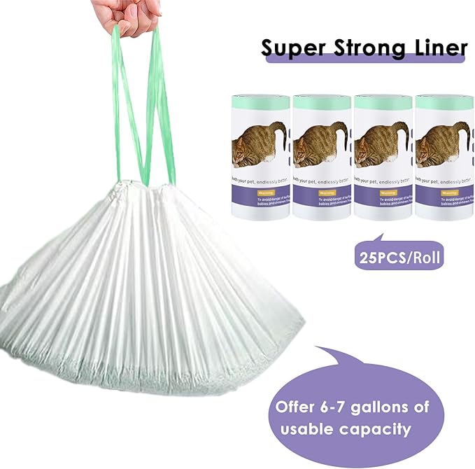 100 Count Self Cleaning Cat Litter Box Liner Bags Compatible with Automatic Cat Litter Box, Thick Heavy Duty Drawstring Replacement Waste Drawer Liners-25.2" x 11.8"