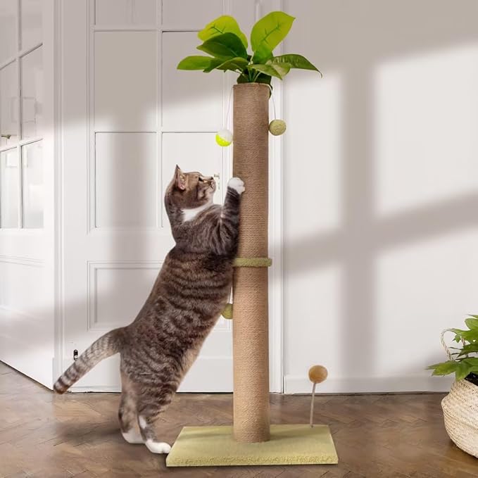39 inch Tall Cat Scratch Post for Indoor Cats with Natural Sisal Rope and Hanging Ball Scratcher Post Tree Kitten and Large Adult Cat Interactive Toy-Leaf