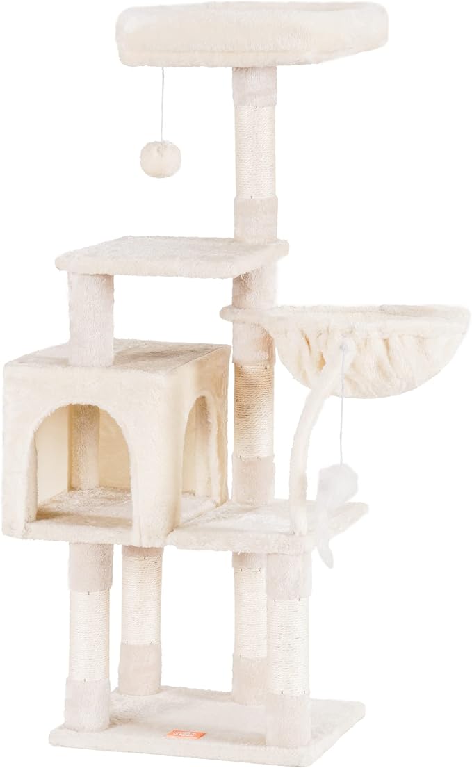 Heybly Cat Tree with Toy, Cat Tower condo for Indoor Cats, Cat House with Padded Plush Perch, Cozy Hammock and Sisal Scratching Posts, Beige HCT004SM