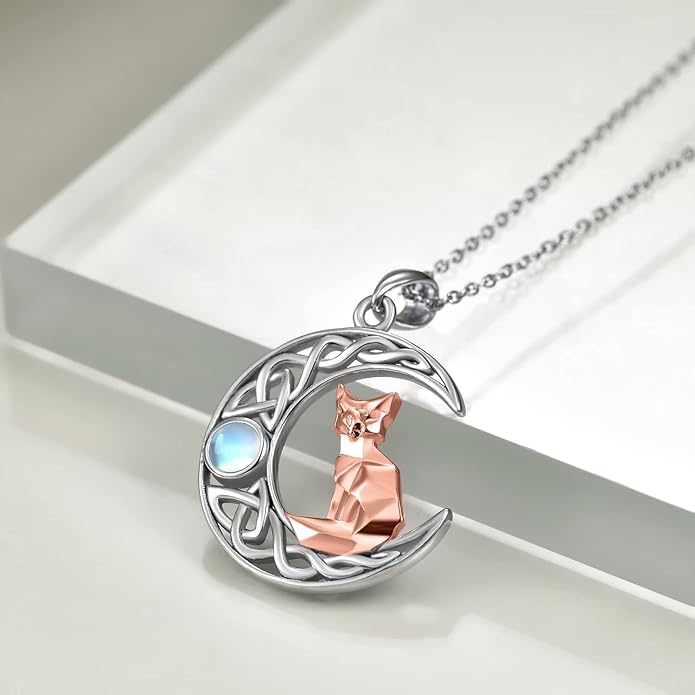 925 Sterling Silver Celtic Crescent Moon Animal Necklace for Women Fox/Black Cat/Hummingbird Crystal/Abalone Shell Pendant Jewelry Gift for Mom Daughter
