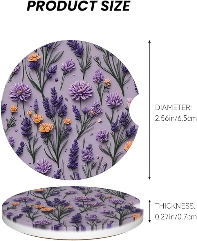 Absorbent Ceramic Car Coasters for Cup Holders, Purple Lavender Flower Design 2.56" Anti Slip Universal Drink Cup Coasters for Women Men (2 Pack)