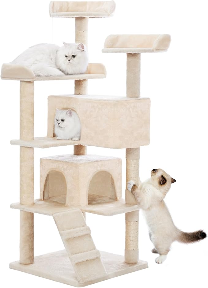Made4Pets Cat Tree Tower 56in Cat Tower for Indoor Cats Kitten Tree Multi-Level Cat Tree with 2 Condo Furniture Activity Center with Scratching Posts Funny Toys Kittens Pet Play House, Beige