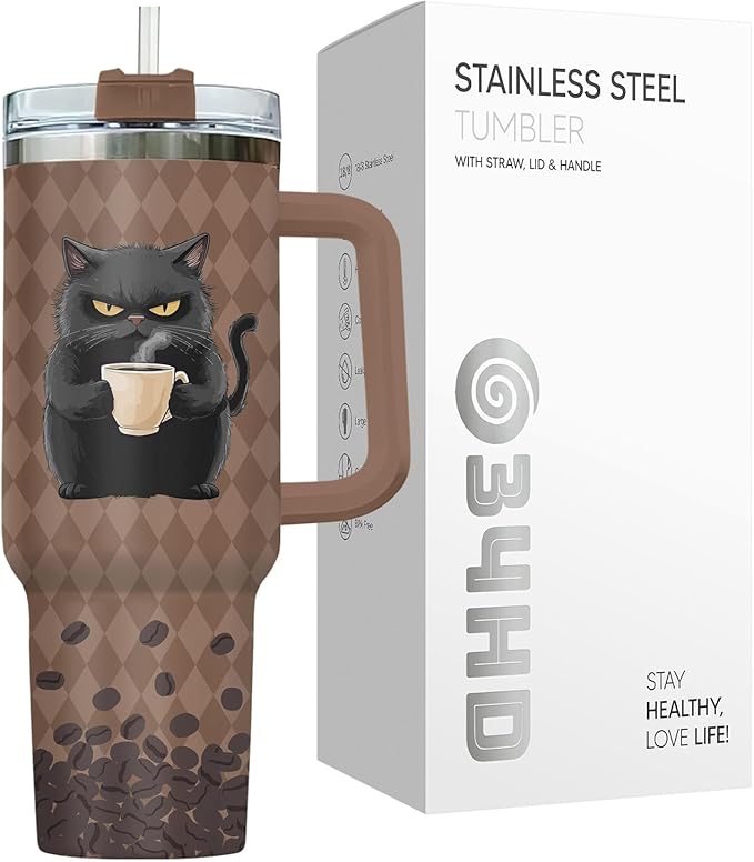 34HD Black Cat Tumbler with Handle & Straw, 40oz Vacuum Insulated Coffee Travel Mug, Black Cat Gifts for Men Women Birthday Halloween Christmas, Funny Gifts for Night Owls Coffee Lovers