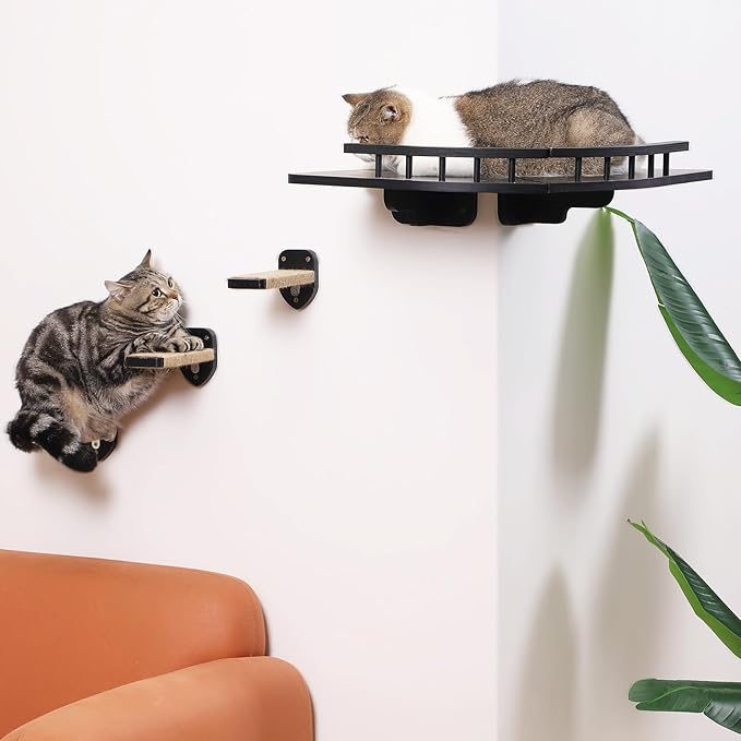 Cat Shelves for Wall, 2 Pcs Cat Wall Shelves with 3 Cat Wall Steps, Wood Cat Wall Furniture Set with Plush Covered, Wall-Mounted Cat Climbing Shelves Cat Perch for Indoor Large Cat (Black)
