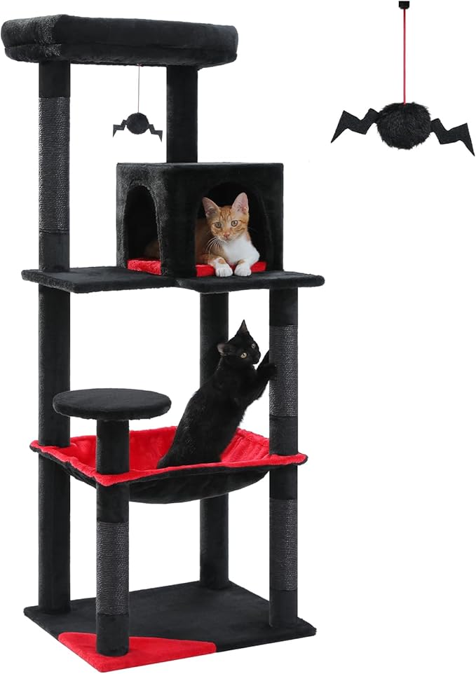 PETEPELA 56.3" Gothic Cat Tree for Indoor Cats, Tall Cat Tower with Super Large Hammock (20"X16"), Sisal Covered Scratching Posts, Cozy Condo and Top Perch Black