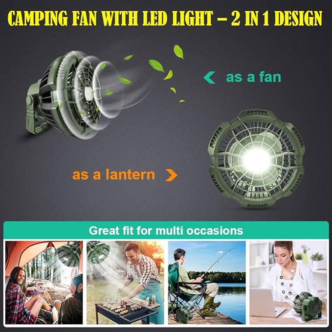 ayamaya Rechargeable Camping Tent Fan with LED Light, Remote Control, 7800mAh Portable Camping Lantern Fan USB Desk Ceilling Fan for Car, Office, Hurricane Emergency Survival
