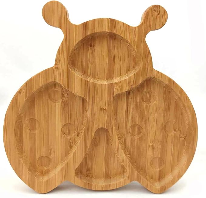4916, Bamboo Food Plate for Snacks Appetizer Fruit Vegetable | Children Meal Plate | Picnic Kitchen Party | Eco-Friendly Plates, Ladybug Shaped, 8"x8.25", 2 Pack