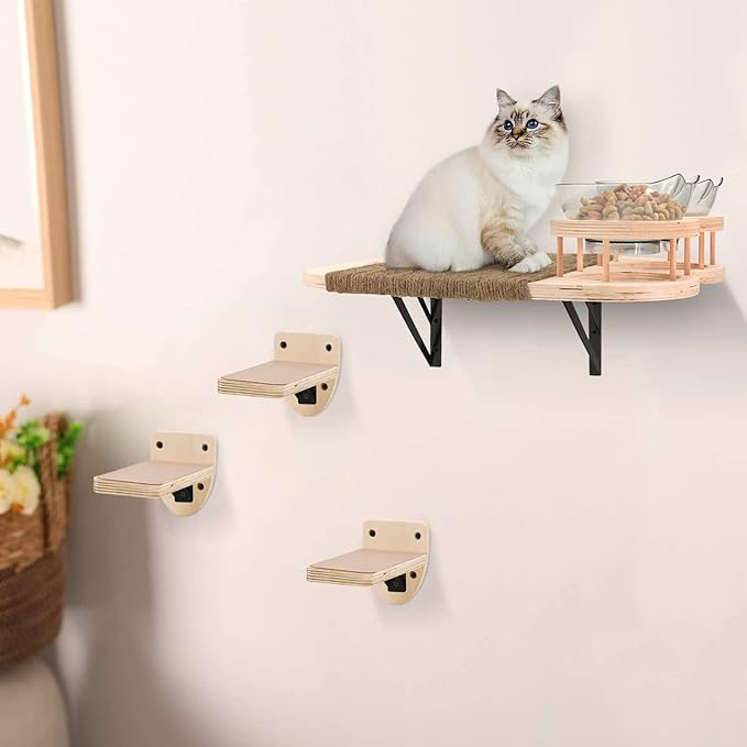 Cat Wall Shelves Cat Hammock with 3 Steps, Cat Shelves and Perches for Wall, Cat Wall Furniture Set, Cat Climbing Shelves Cat Wall Shelf with 2 Cat Food Shelf and Plush Covered, Gift for Cat