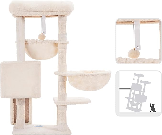 Hey-brother Cat Tree, Cat Tower for Indoor Cats, Cat House with Large Padded Bed, Cozy Condo, Hammocks, Sisal Scratching Posts, Big Scratcher, Beige MPJ006SM