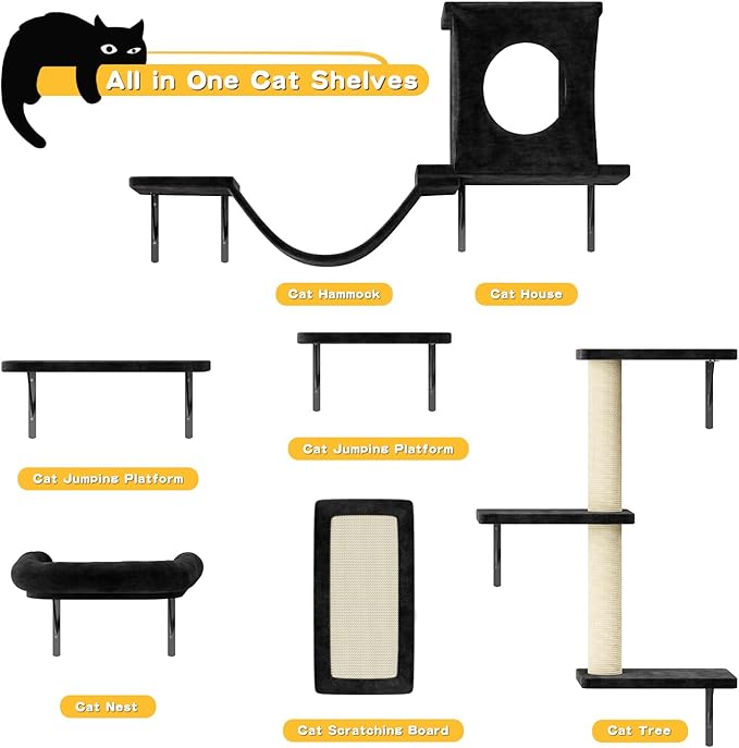 Wall Mounted Cat Furniture, 6pc Cat Wall Furniture, Cat Climber with Cat House, Bridge, Tree, Steps, and Scratcher, DIY Cat Walls Playground, Cat Shelves for Indoor Wall Furniture Set - Black