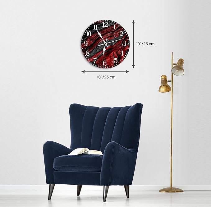 Ansouyi Round Wall Clock Battery Operated Clocks Wallclock 10 Inch,Red and Black Abstract Waves Geometric Silent Non Ticking Wall Clock for Living Room,Kitchen,Home,Bathroom,Bedroom,Office or School