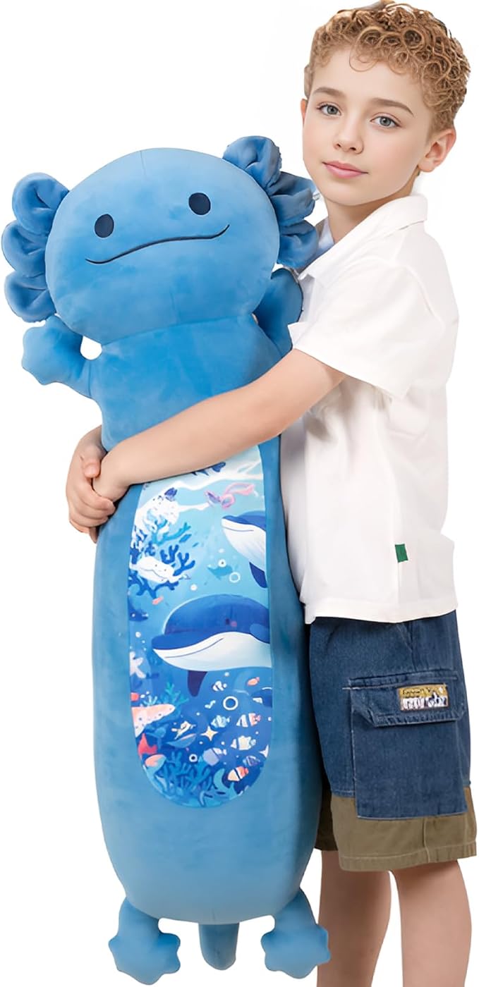 36 inch Long Axolotl Plush Body Pillow, Giant Cute Blue Ocean Axolotl Stuffed Animals, Big Salamander Squishy Soft Plushies Toy, Gifts for Kids Girls and Boys, Birthdays ﻿Easter