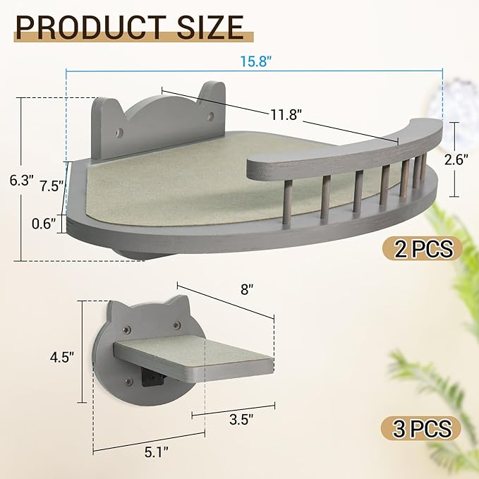 Y&ME YM Cat Wall Shelves, Cat Shelves and Perches for Wall, Wood Cat Wall Furniture with 3 Cat Wall Steps Cat Scratch Post, Indoor Cat Climbing Shelf (Gray)