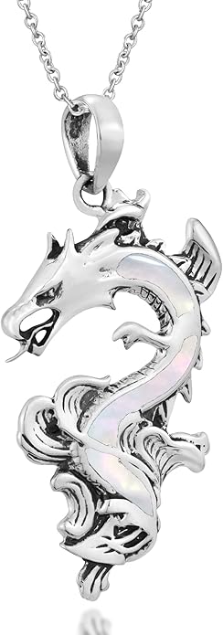 AeraVida Legendary Chinese Dragon Charm Stone Inlaid Accent .925 Sterling Silver Pendant on 18-inch Chain Necklace | Dragon Jewelry Necklace Accessory for Men Women Unisex