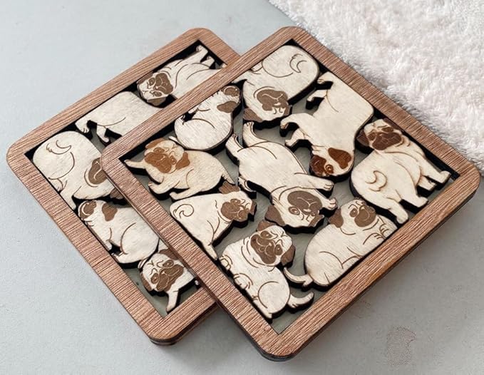 02 Pug Dog Coaster - Pug Dog Puzzle Wooden Coaster Set - Interlocking Jigsaw Drink Mats with Laser-Cut Design for Pug Lovers (Pug Dog)