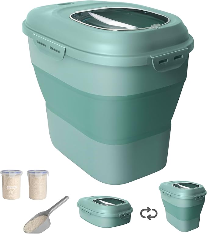 20-50 Lbs Food Storage Containers,Collapsible Rice Container with Wheel Airtight Locking Lid,Flour Storage Container with Small Food Container and Scoop,Suitable for Food,Rice,Pet Food,Flour
