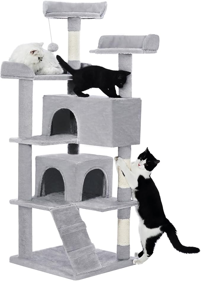 Made4Pets Cat Tree Tower 56in Cat Tower for Indoor Cats Kitten Tree Multi-Level Cat Tree with 2 Condo Furniture Activity Center with Scratching Posts Funny Toys Kittens Pet Play House, Light Grey
