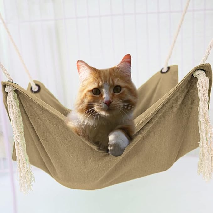 Cat Hammock, Breathable Pet Cage Hammock, Cat Hanging Bed with Metal Carabiners and Tassels, Cat Hanging Hammock for Cage, Hammocks for Kittens, Rabbits, Small Dogs (Khaki)