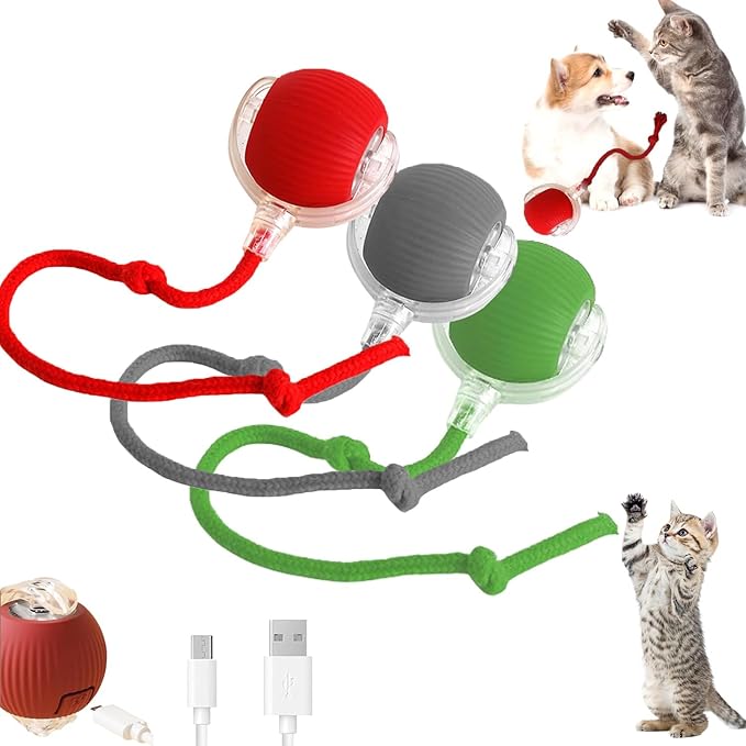 3PC Interactive Dog Toys,Interactive Dog Ball Electric Dog Ball Toy Rollie Pet Cat Toy Interactive Rolling Ball Cat Toy 360° Automatic Rolling Toy Ball for Dog/Cat (Red+Green+Grey)