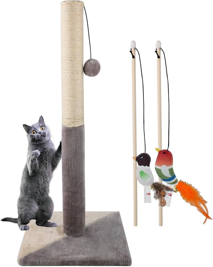 GKYZBB 30" Tall Cat Scratching Post,Highly Resistant Carpet Scratch Post, Premium Sisal Rope Scratch Posts, Sturdy Large Scratch Pole with Hanging Ball,Bring 2 pcs of cat Teasing Stick