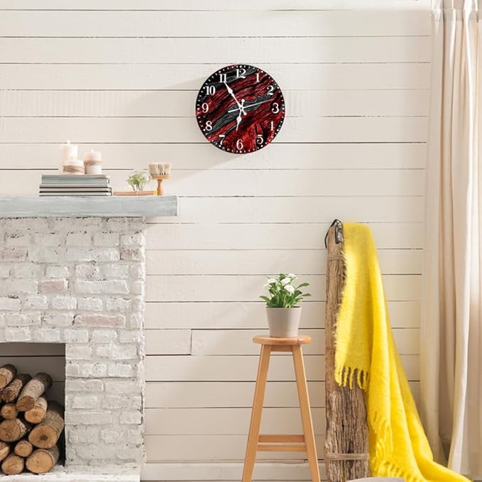 Ansouyi Round Wall Clock Battery Operated Clocks Wallclock 10 Inch,Red and Black Abstract Waves Geometric Silent Non Ticking Wall Clock for Living Room,Kitchen,Home,Bathroom,Bedroom,Office or School