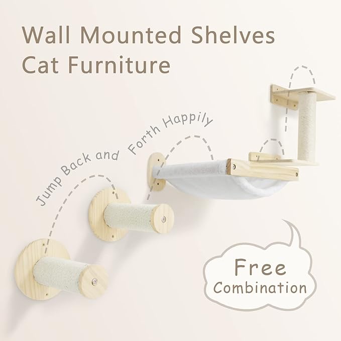 SONGWAY Cat Shelves and Perches for Wall - Wall Mounted Cat Shelf with 2 Sisal Cat Steps, Perches and Cat Hammock, Wooden Cat Bed & Furniture for Indoor Cats Climbing, Lounging, Scratching