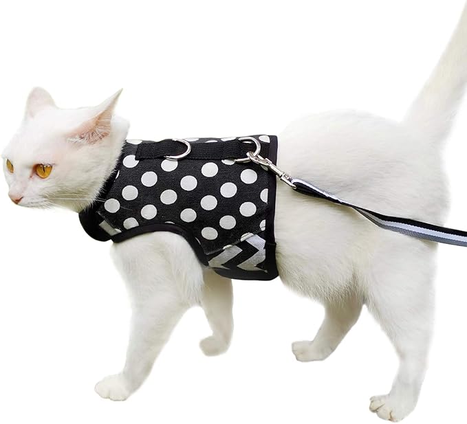 Cat Harness and Leash for Walking Escape Proof, Adjustable Cat Vest Harness, Padded Stylish Cat Walking Jackets, Polka Dot Black, Medium
