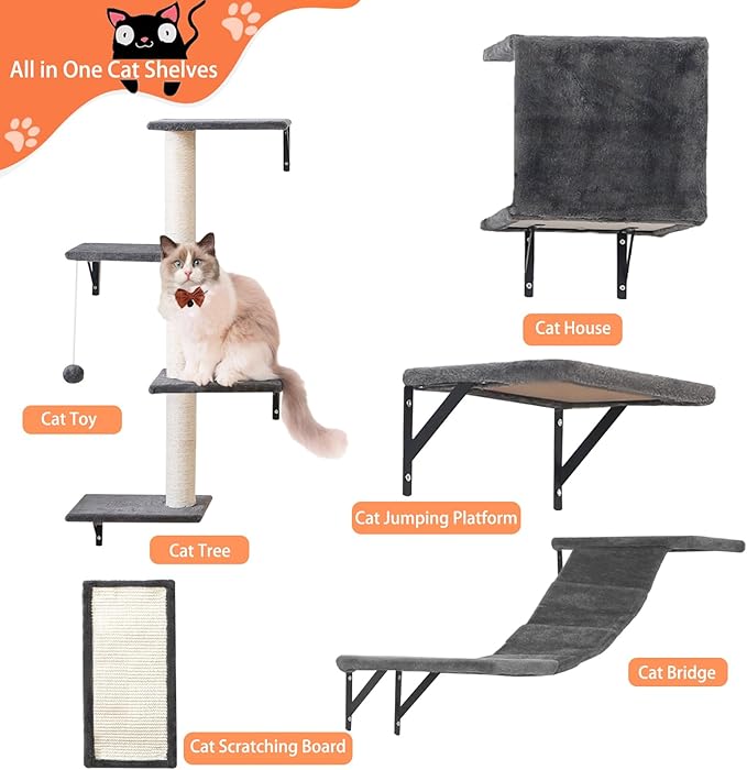 Modern Wall-Mounted Cat Furniture - 5pcs Cat Wall Shelves, Wooden Cat Climber Includes Cat House, Bridge, Tree, Steps, and Scratcher - Grey