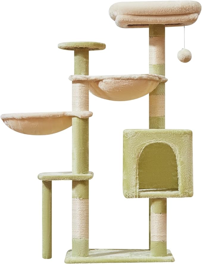 Taoqimiao Cat Tree, 39.4-Inch Cat Tower for Indoor Cats,Suitable for Kittens,Plush Cat Condo with 5 Scratching Posts, Plush Perch,2 Hammock,Pompoms, MS019GB Green and Beige