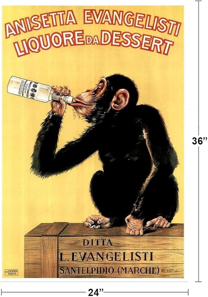 Anisetta Evangelisti Liquore Da Dessert by Carlo Biscaretti 1925 Vintage Alcohol Liquor Bottle Italian Advertising Drinking Monkey Chimpanzee Cool Wall Art Print Poster 24x36