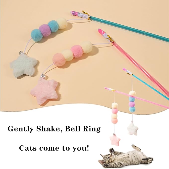 2 PCS Cat Wand Toy Interactive Cat String Toys Elastic Rope Plush Ball Star Pendant Cat Feather Toy Cat Stick Toy for Indoor Cat Mice and Animals Toys Pet Supplies