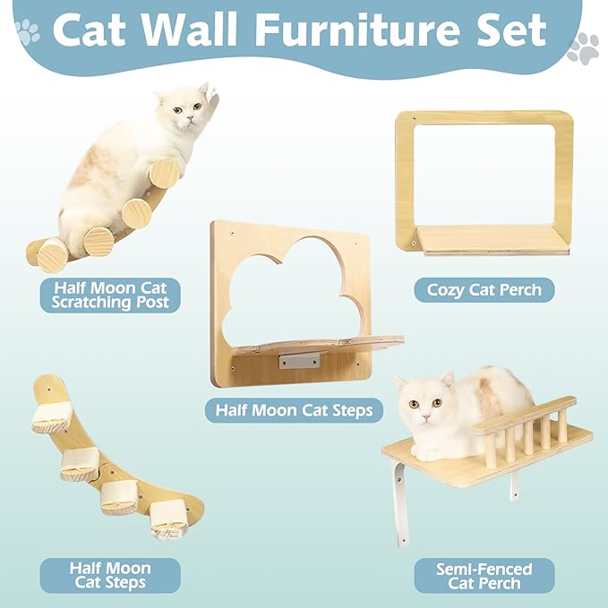 PINVNBY 5 Pcs Cat Wall Furniture, Cat Wall Shelves, DIY Cat Walls Playground with 3 Cat perches, 2 Cat Steps for Sleeping, Playing, Climbing, Large, Burlywood