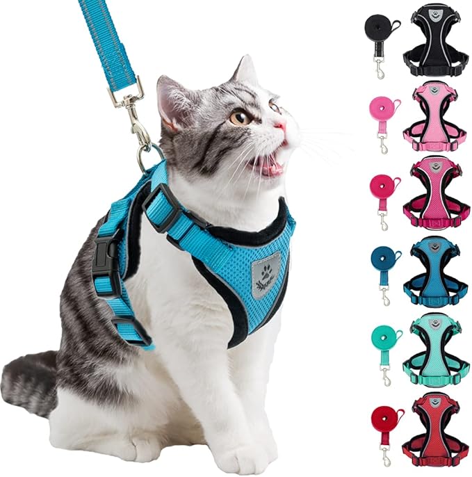PUPTECK Cat Harness and Leash Set Escape Proof Reflective Cat Walking Harness Adjustable Soft Breathable Mesh Vest for Small Pets, Blue, M