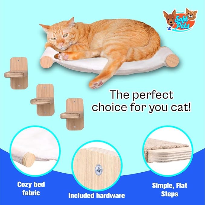 Cat Hammock Wall Mounted Cat Shelf with Three Steps - Cat Wall Shelves and Perches for Sleeping, Playing, Climbing, and Lounging - Modern Cat Bed & Furniture for Large Cats or Kitty, Natural