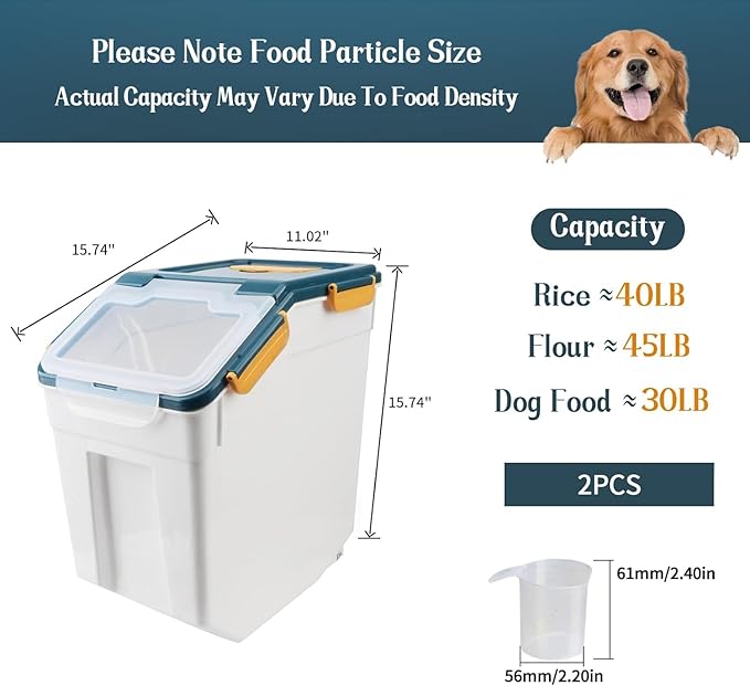 AnRui 2Pcs Airtight Flour Storage Containers 45LB, Large Rice Storage Container, Plastic Cereal Grain Dispenser Organizer Pet Dog Cat Food Storage Bin with Lid, with Measuring Cup, Scoop, Blue