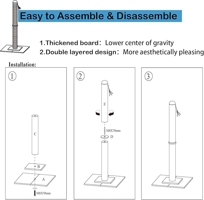 34" Tall Cat Scratching Post Double Base and Reinforcement Design,Sisal Scratch Posts Trees with Feather Toys for Indoor Cats(Gray)