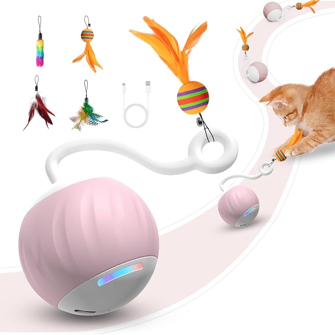 AAA AMUSANG Speed Tail Cat Toys Interactive Cat Toy Ball, Turbo Tail Cat Toy for Indoor Cats, with LED Lights and Feathers DIY 5 in 1 Automatic Cat Ball Toys Type-C Rechargeable (Pink)