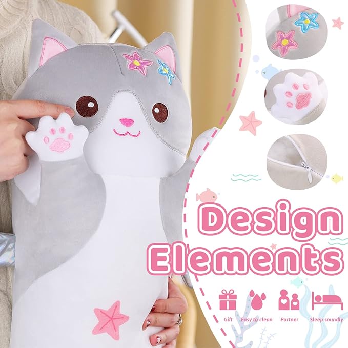 AIXINI Long Cat Plush Pillow Cartoon Cute Gray Cat Stuffed Animals, Soft Kawaii Kitten Plushies Pillow Toy for Kids (Gray,35.4inch)