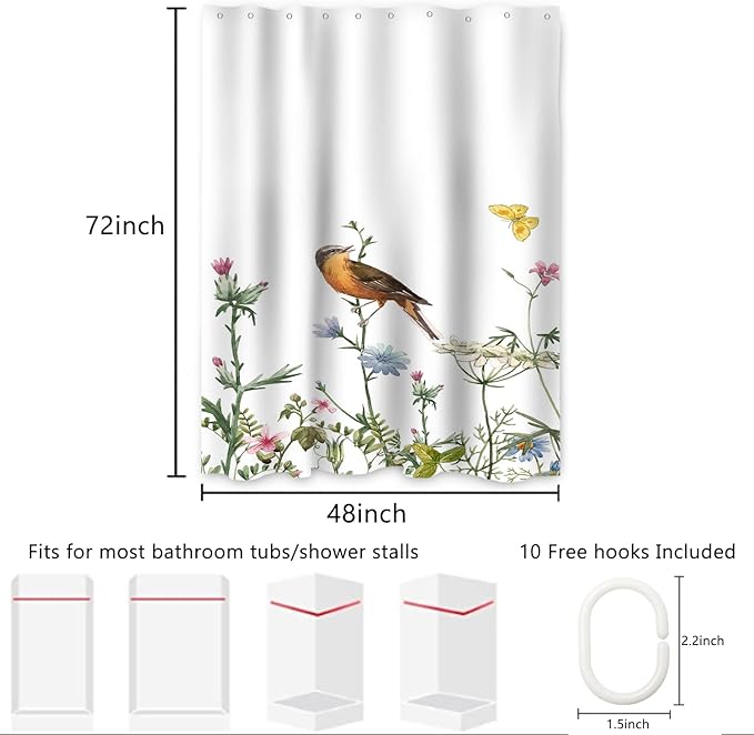 AWERT Small Half Size Stall Shower Curtain with Hooks Shower Stall Curtain 48 x 72 Funny Bird for Bathroom/RV and Camper