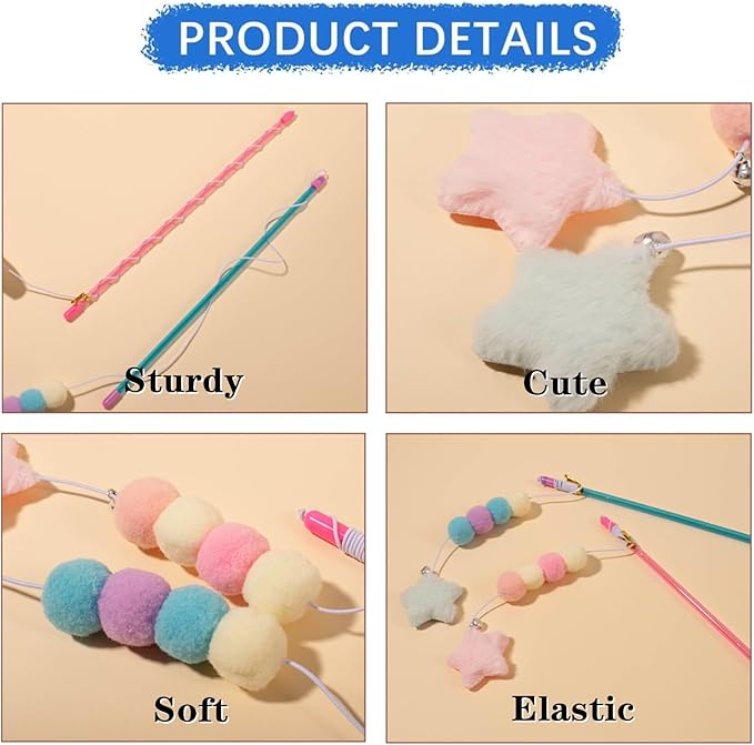 2 PCS Cat Wand Toy Interactive Cat String Toys Elastic Rope Plush Ball Star Pendant Cat Feather Toy Cat Stick Toy for Indoor Cat Mice and Animals Toys Pet Supplies