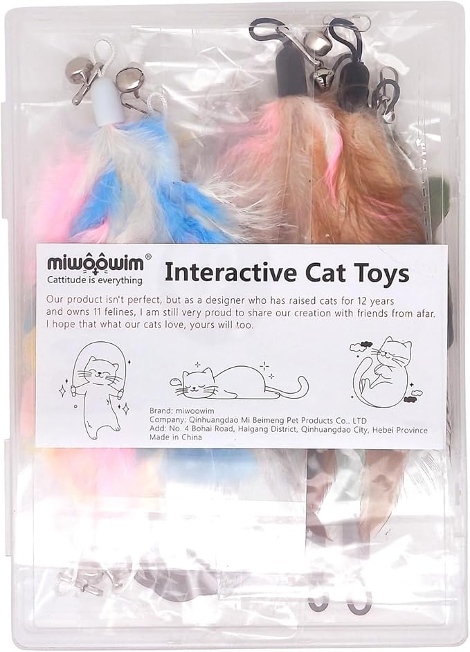 12 Pack Cat Wand Feather Toy Refills with Bells , Natural Feather Replacement for Interactive Cat Teaser Toys, Colorful Cat Wand Attachments, Durable and Safe Cat Toy Accessories for Exercise and Play