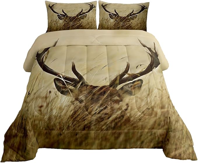 Antler Comforter Set King, Whitetail Deer Down Comforter, Stag Quilted Duvet, Countryside Rural Hunting Theme Comforter Set for Christmas Decorations Bedroom Decor All Season, Ultra Lightweight