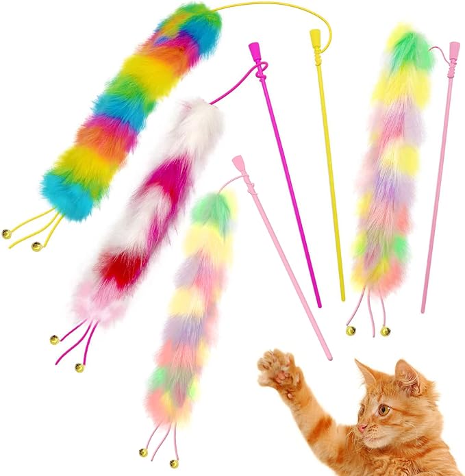 4 Pack Cat Wand Toy, Rainbow Cat Feather Toys with Bells, Cat Teaser Wand with Soft Furry Tail, Interactive Cat Toys for Indoor Cats & Kitten & Kitty