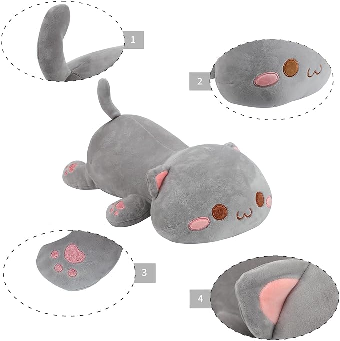 AFAN Cat Stuffed Animals Plush Cute Soft Cat Plush Pillow Toys Kawaii Plushies Room Decor Gifts for Kids Girls Boys (Round Eyes, Grey, 13.7 Inch)