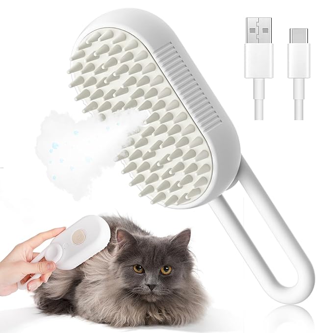 3-in-1 Brush for Pet Grooming - Steam-Powered Deshedding Comb for Removing Loose and Tangled Hair from Dogs and Cats (White)