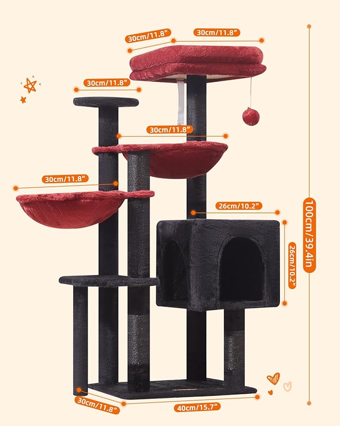 Taoqimiao Gothic Cat Tree, 39.4-Inch Cat Tower for Indoor Cats,Suitable for Kittens,Plush Cat Condo with 5 Scratching Posts, Plush Perch,2 Hammock,Pompoms, MS019BR Black and Red